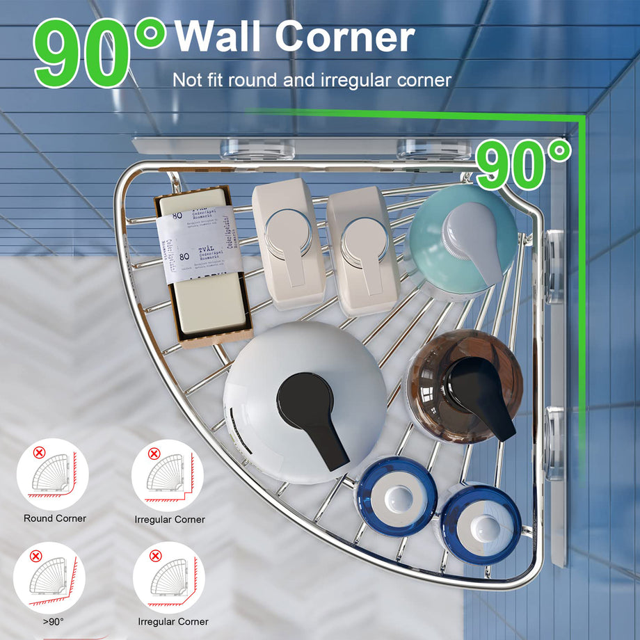 Qeke Corner Shower Shelf, 9 Corner Shower Caddy, SUS304 Stainless Steel  Shower Organizer Wall Mount Corner Shelf with 2 Hooks for Bathroom, Dorm  and