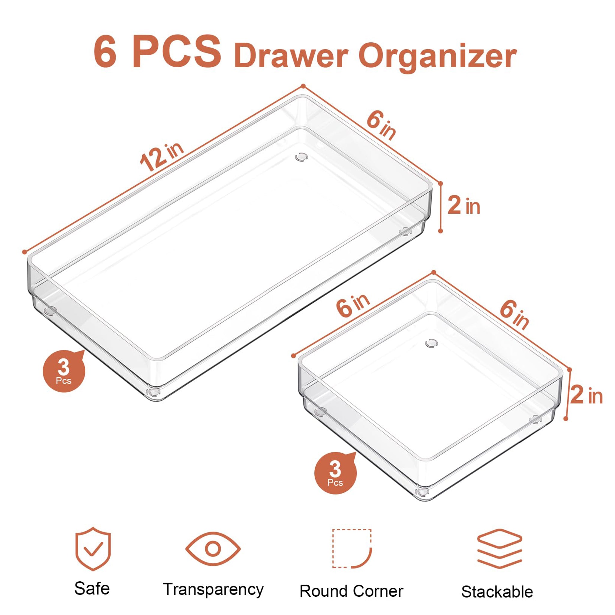 SMARTAKE 6 PCS Clear Plastic Drawer Organizers Set, Large Size Non